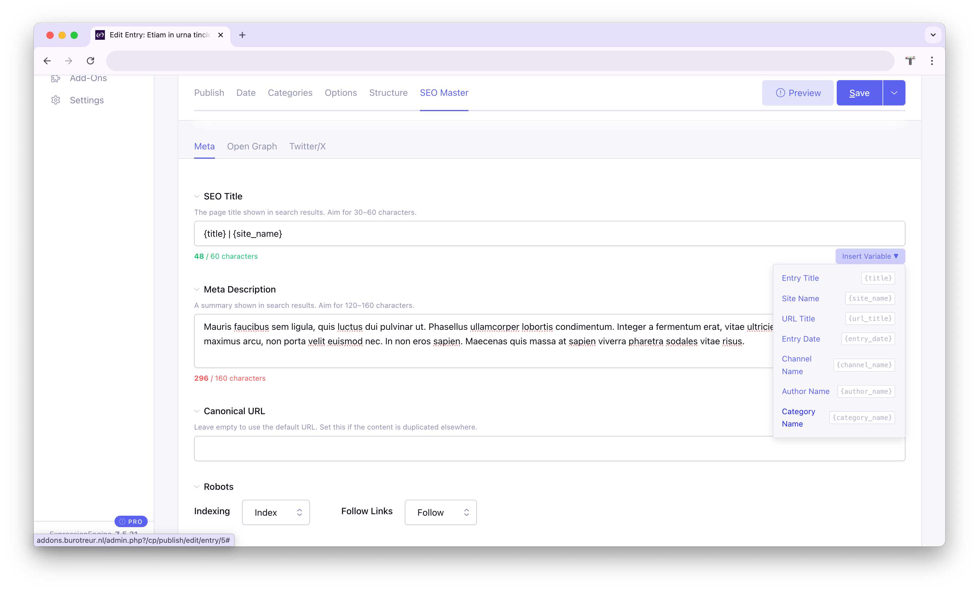 Variable picker dropdown open on the SEO Title field