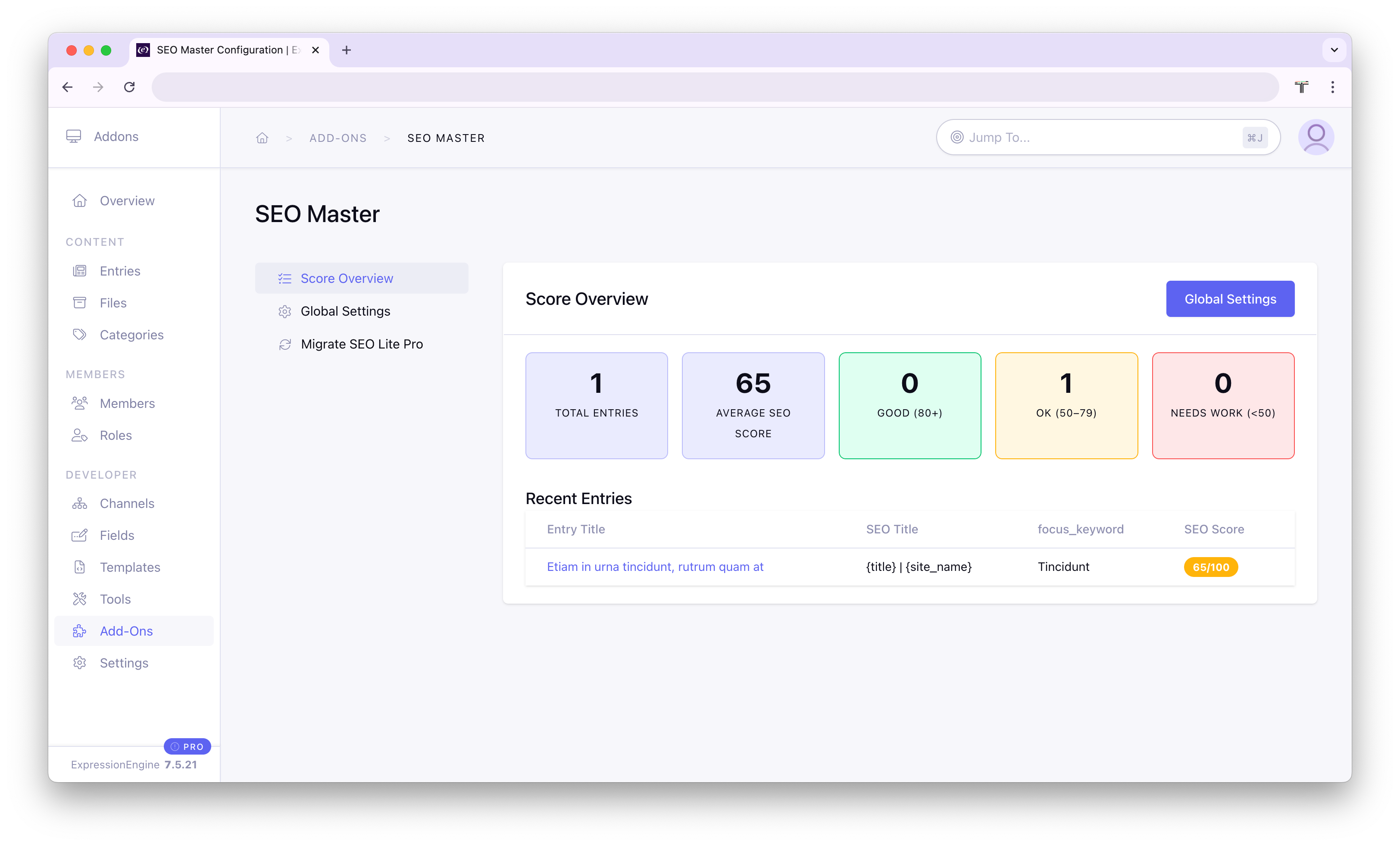 Control Panel dashboard with score stats and recently edited entries table