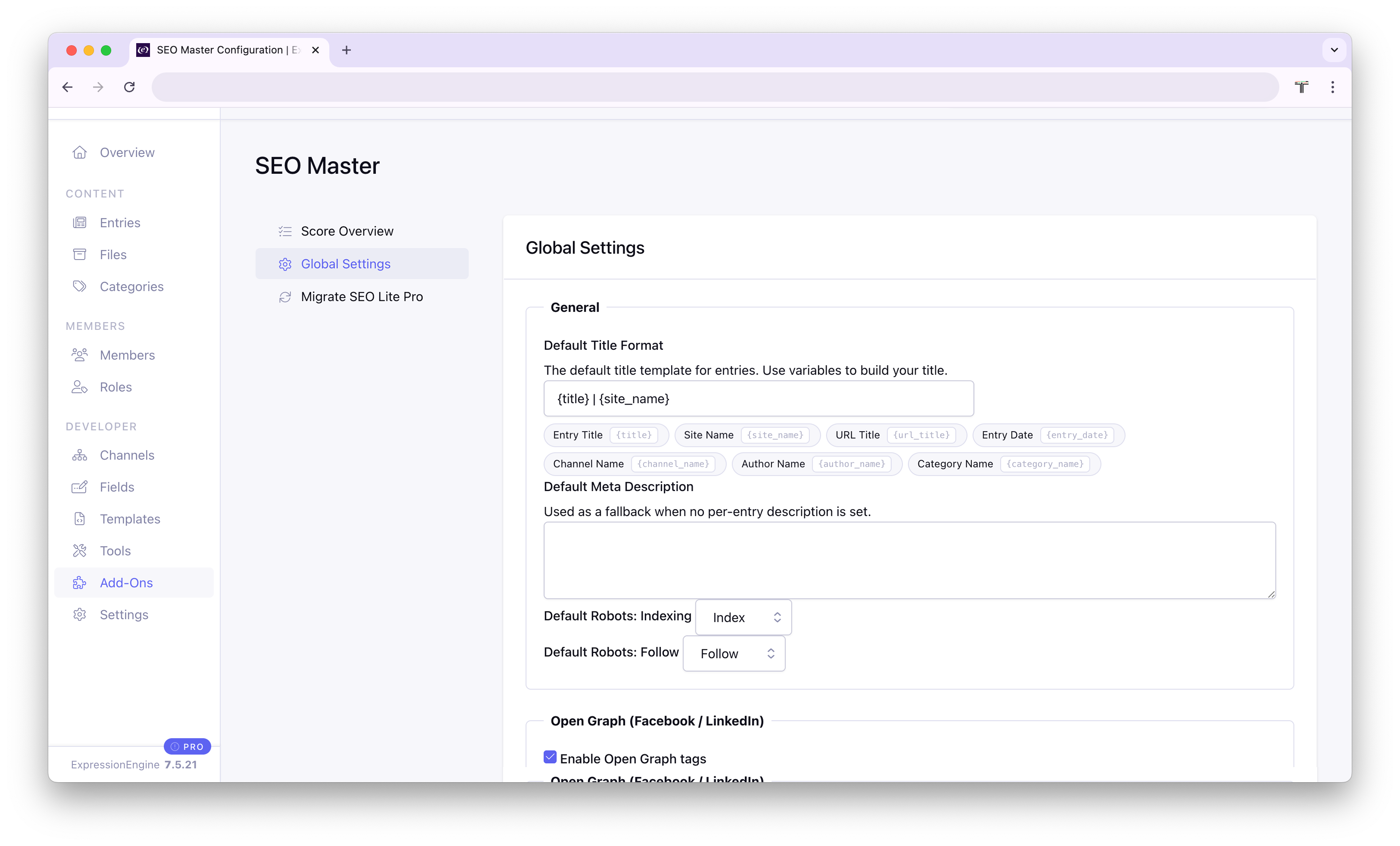 Global Settings page with variable chips